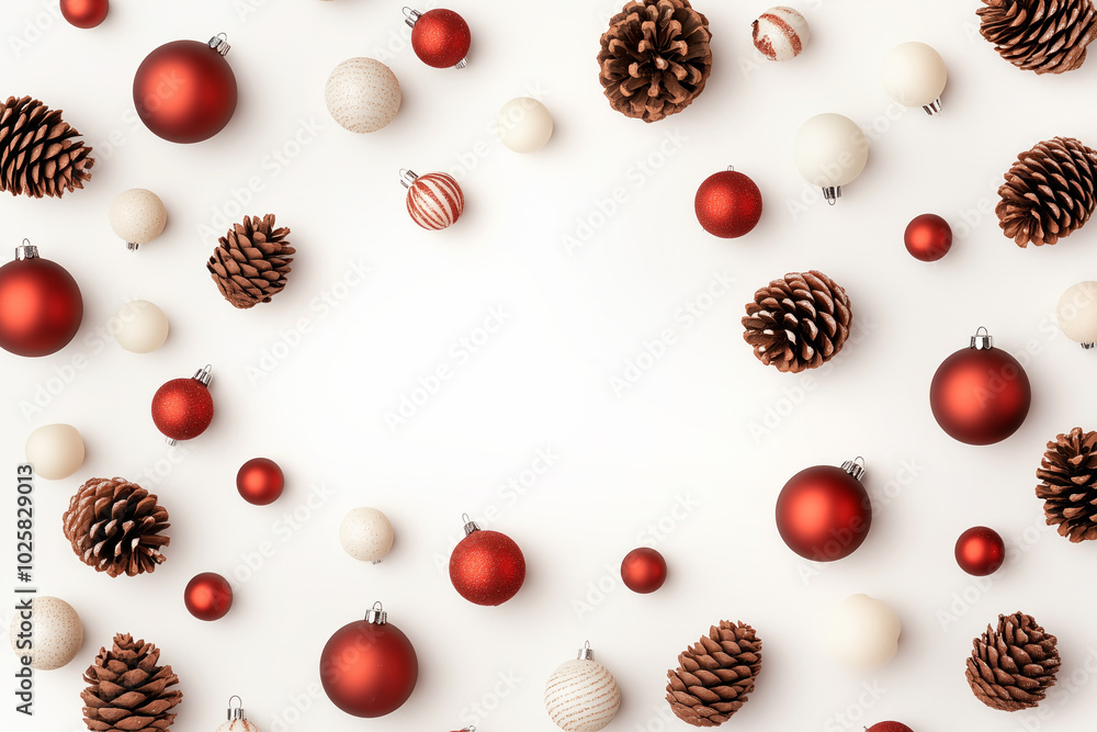 Festive arrangement of red ornaments and pinecones isolated on white background, Christmas and nature's beauty Festive arrangement of red ornaments and pinecones isolated on white background, Christmas and nature's beauty