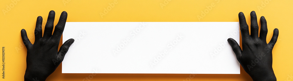 Black hands with skin texture hold blank paper against vibrant yellow background, creating striking contrast. This image evokes creativity and potential Black hands with skin texture hold blank paper against vibrant yellow background, creating striking contrast. This image evokes creativity and potential