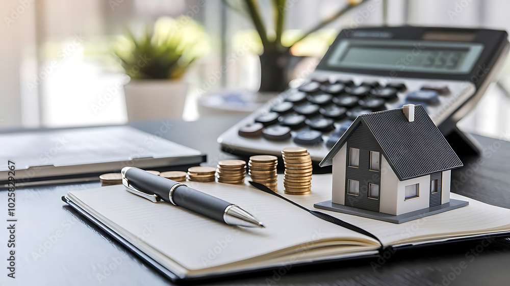 tax day background,House model, house placed on a white surface, next to a calculator, a pencil, and some coins, symbolizing home finances, budgeting, or real estate planning. tax day background,House model, house placed on a white surface, next to a calculator, a pencil, and some coins, symbolizing home finances, budgeting, or real estate planning.
