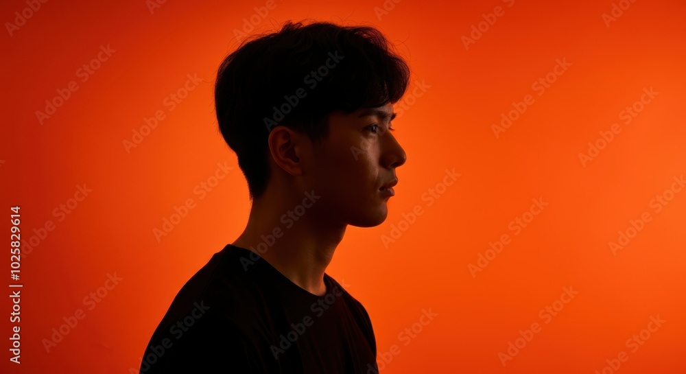 Dramatic silhouette of young man orange backdrop Dramatic silhouette of young man orange backdrop