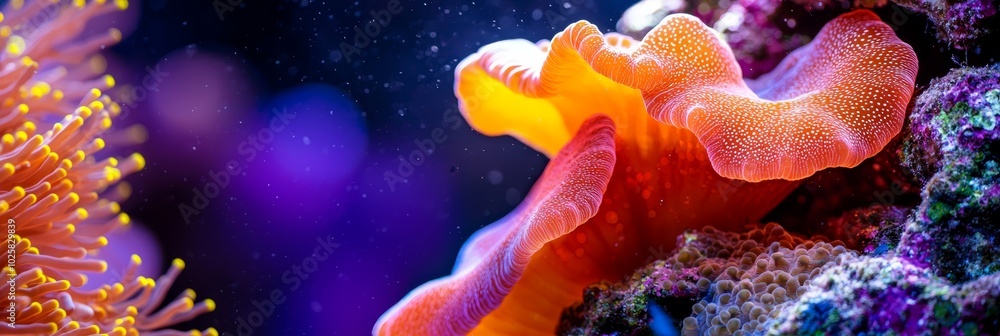 A tight shot of an orange-yellow sea anemone against a backdrop of various corals A tight shot of an orange-yellow sea anemone against a backdrop of various corals