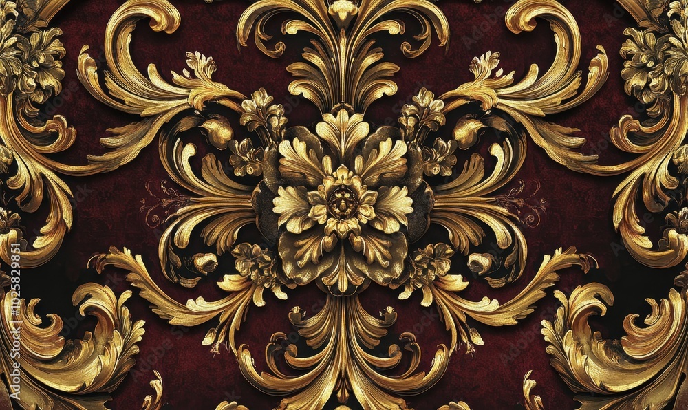 Ornate gold floral design on red background. Ornate gold floral design on red background.