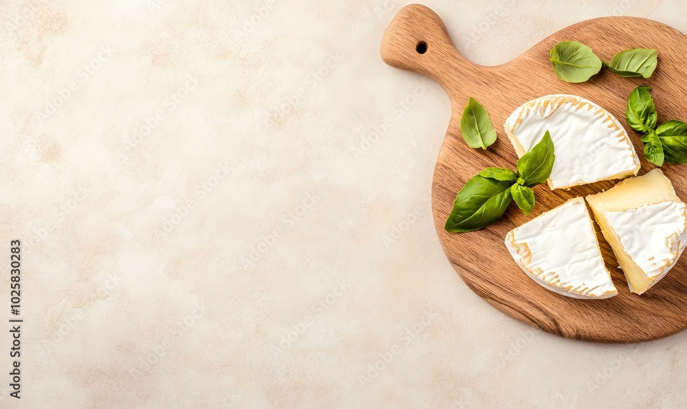 delicious brie cheese with basil on a wooden board , Generative AI delicious brie cheese with basil on a wooden board , Generative AI