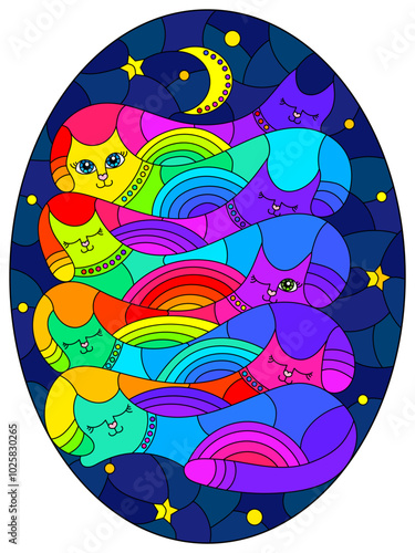Illustration in the style of a stained glass window with bright cats on the background of the night sky with the moon and stars