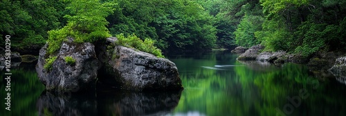  A river winds through a verdant forest, teeming with abundant rocks and foliage Adjacent stands a forest dense with trees