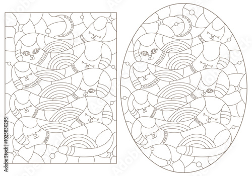 A set of contour illustrations in the style of stained glass with abstract cats, dark contours on a white background
