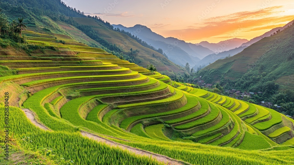 Fototapeta premium Lush Green Rice Terraces in Mountainous Landscape at Sunset