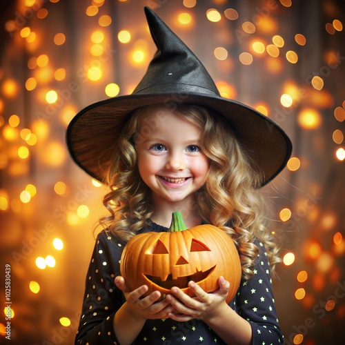 Halloween child with jack-o-lantern pumpkin pointing at you. Little kid boy in witch hat with Halloween pumpkin. Halloween holiday celebration. Trick or treat. Halloween shopping, sale and discount