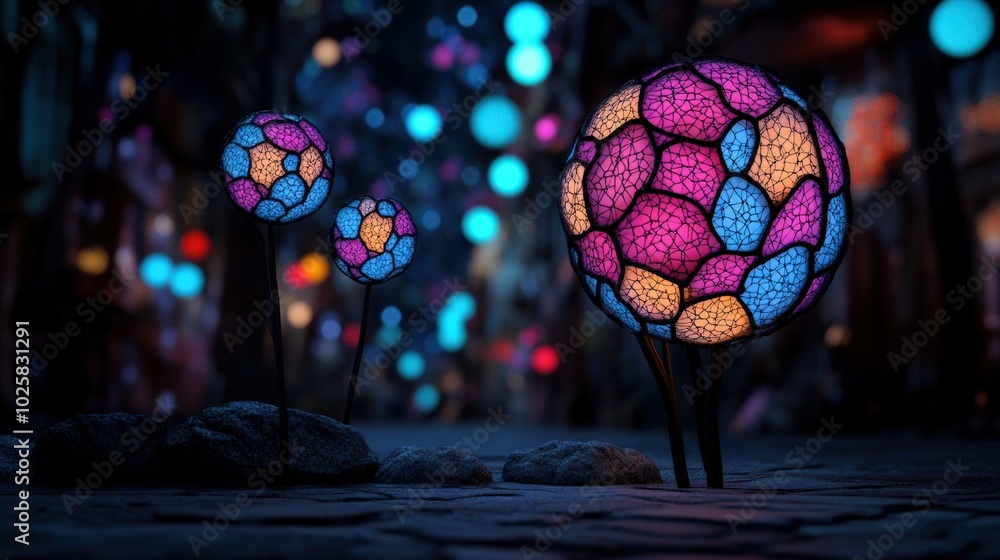 Fototapeta premium Colorful glowing orbs in a whimsical garden setting at night.