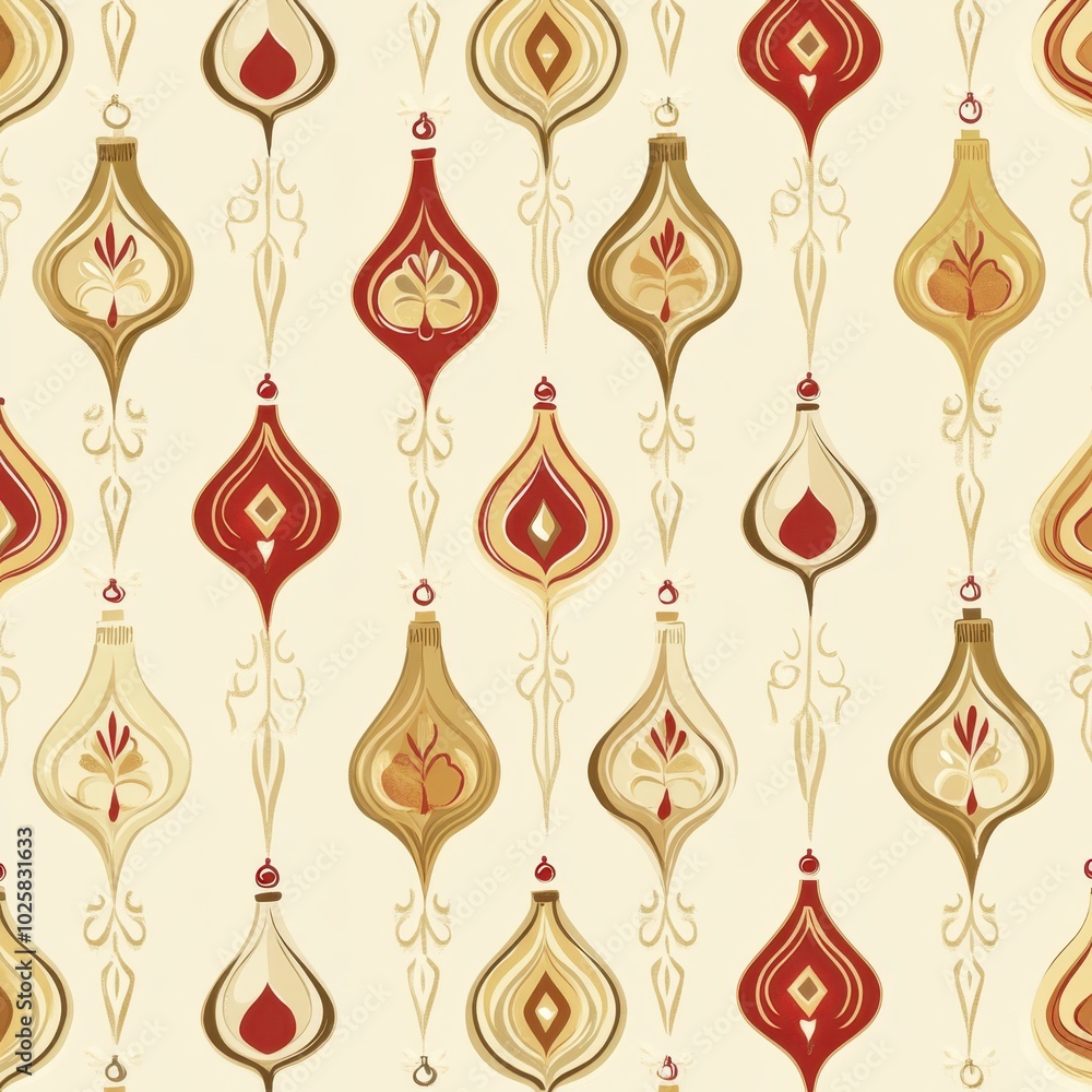 Ornate geometric patterns in red, gold, and cream create an elegant, vintage-style wallpaper design.