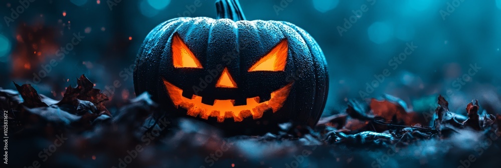 A jack-o-lantern pumpkin, its glowing eyes aglow, sits among dead grass leaves at night A jack-o-lantern pumpkin, its glowing eyes aglow, sits among dead grass leaves at night