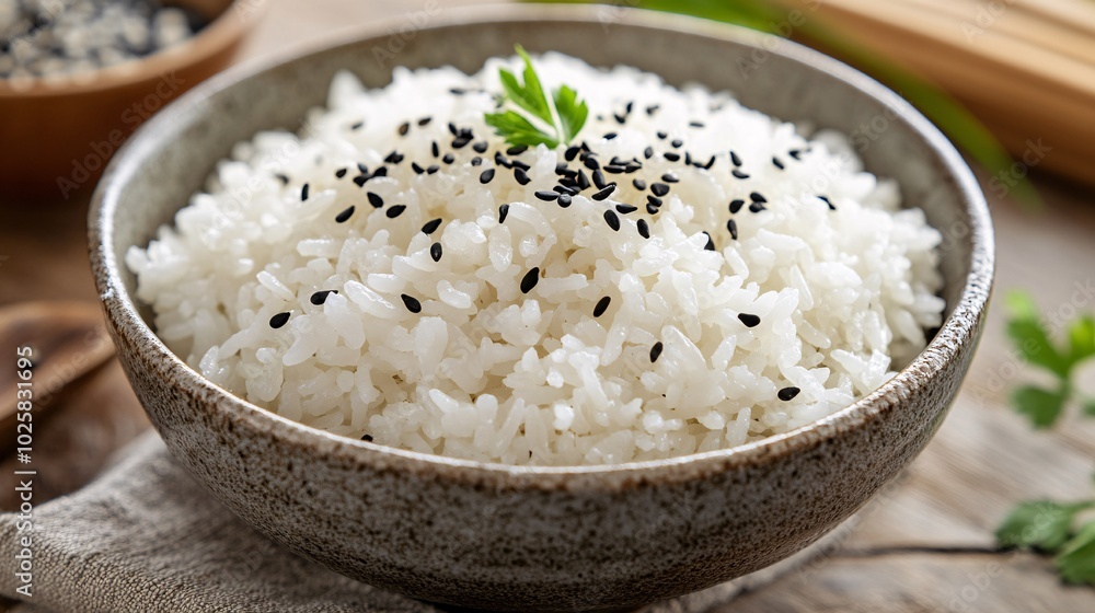 Bowl of Fluffy White Rice with Black Sesame Seeds Bowl of Fluffy White Rice with Black Sesame Seeds