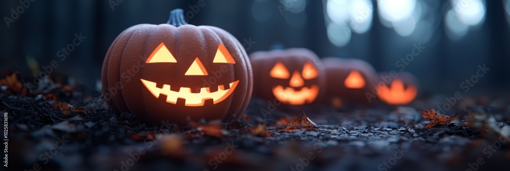 A collection of jack-o-lanterns perched atop a mound of leaves before a forest backdrop A collection of jack-o-lanterns perched atop a mound of leaves before a forest backdrop