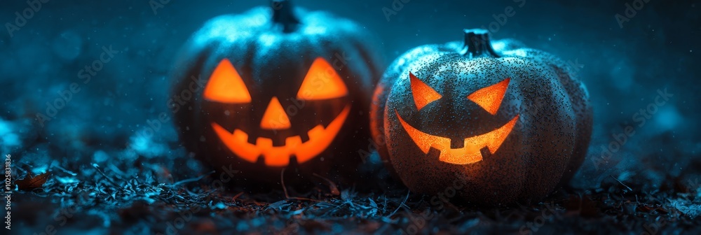 Fototapeta premium A few pumpkins atop a lush grass field, their jack-o-lantern faces aglow