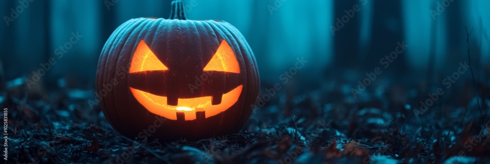 A jack-o-lantern pumpkin sits in the field's center, surrounded by grass and trees in the background A jack-o-lantern pumpkin sits in the field's center, surrounded by grass and trees in the background