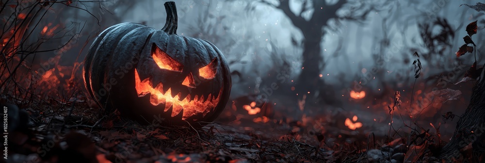 A jack-o-lantern pumpkin sits in a forest's heart, surrounded by numerous glowing pumpkins A jack-o-lantern pumpkin sits in a forest's heart, surrounded by numerous glowing pumpkins