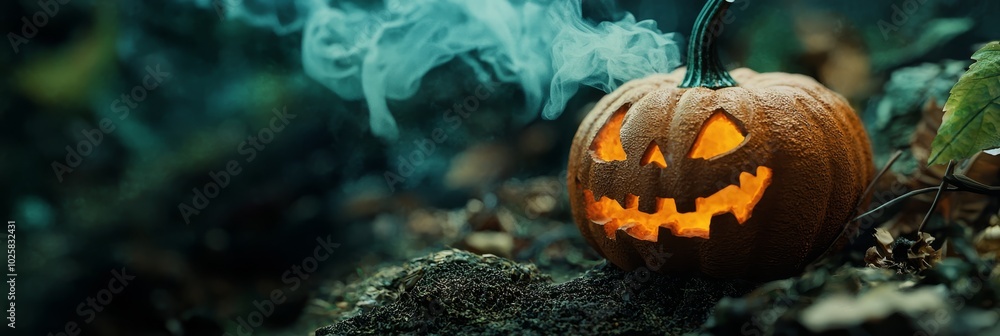Fototapeta premium A jack-o-lantern carved from pumpkin sits atop mossy ground, emitting smoke from its open mouth