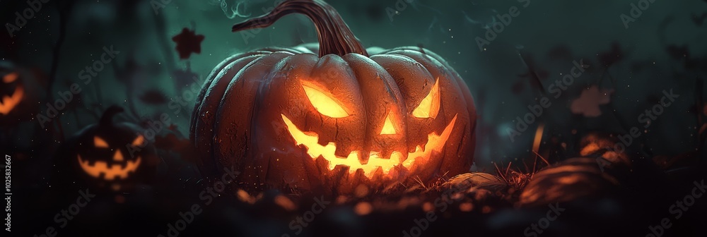 Fototapeta premium A Halloween pumpkin glows in the dark with illuminated eyes, its scary features amplified in the midnight hour