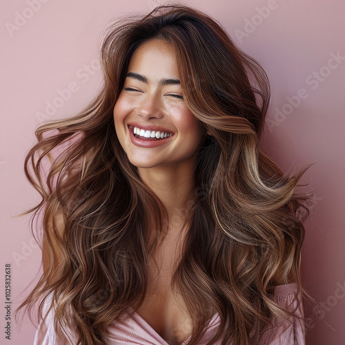 A beautiful woman with long, wavy, dark blonde hair laughing while wearing a pink and white background.