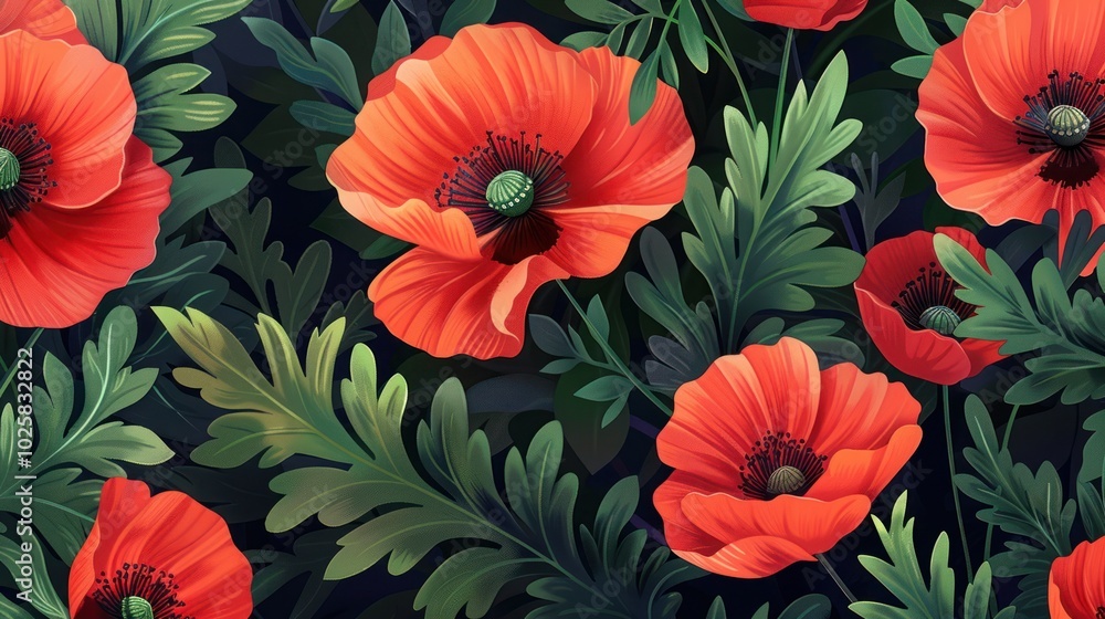 Red Poppy Flowers Amidst Lush Green Foliage Red Poppy Flowers Amidst Lush Green Foliage