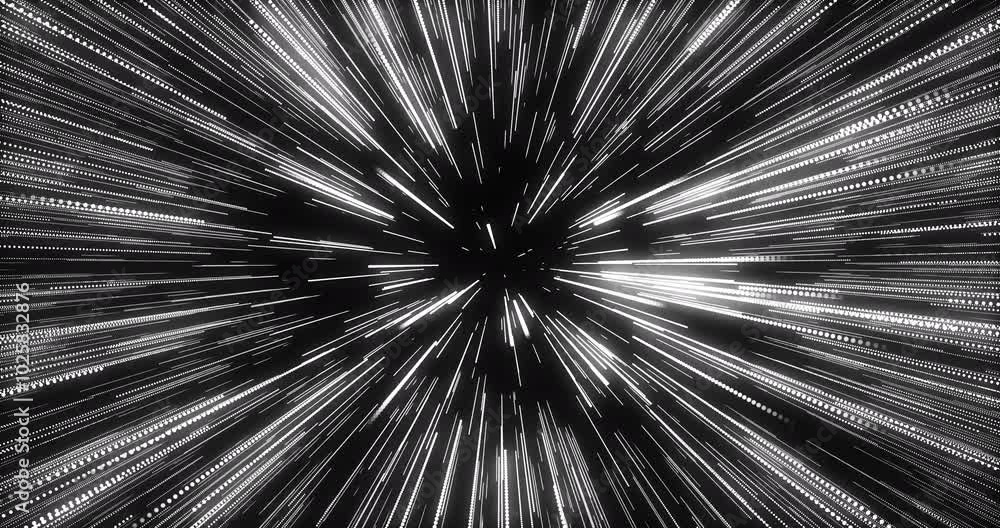 Hyperspace jump forward in space background. Template for transition. Movement in hyperspace to bright light.