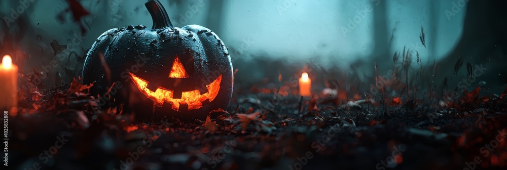 A jack-o-lantern pumpkin sits in the forest's heart, surrounded by candles in the foreground Fog obscures the background sky A jack-o-lantern pumpkin sits in the forest's heart, surrounded by candles in the foreground Fog obscures the background sky
