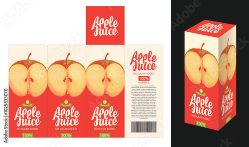 vector mockup template of cardboard packaging box for apple juice with realistic pattern of apple.