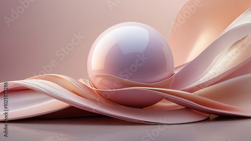 Elegant abstract sculpture with smooth curves and gradient sphere in soft pastel hues of pink and peach. photo