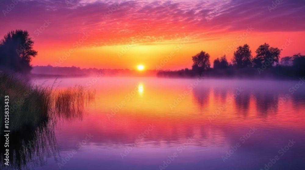 Fototapeta premium Sunrise over a misty lake with a reflection of the sun.