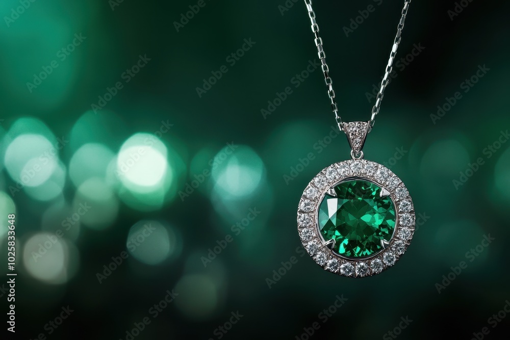 AI generative, Silver Chain Necklace with Large Emerald Gemstone Pendant AI generative, Silver Chain Necklace with Large Emerald Gemstone Pendant