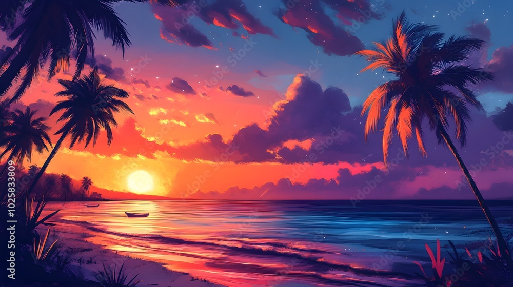 Obraz premium Palm Trees Silhouette at Sunset Over a Tropical Ocean