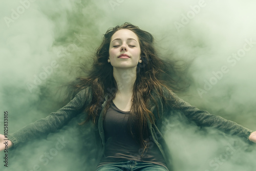 A young woman with long brown hair lies in a cloud of green smoke, eyes closed and serene.