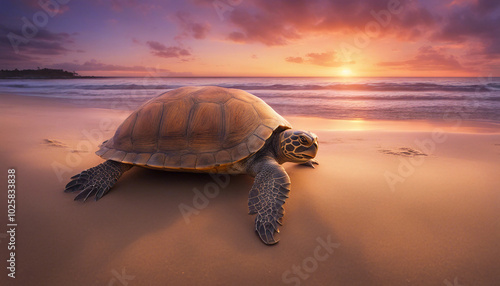 A majestic Caretta Caretta turtle moves slowly across a sandy beach.