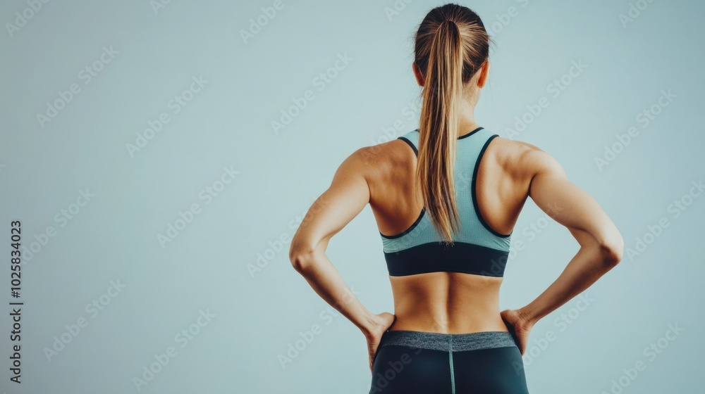 Back view of woman in sportswear, full-body shot on white background. Active stance, ready to run Back view of woman in sportswear, full-body shot on white background. Active stance, ready to run