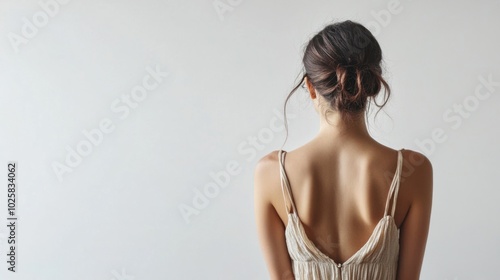 Back view of woman in sundress, full-body shot on white background. Relaxed and carefree posture