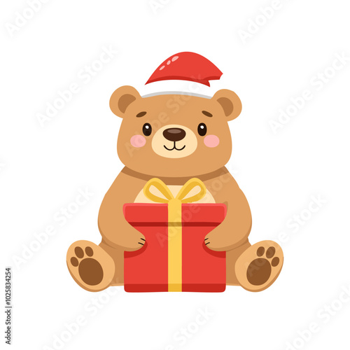 Cute little bear sitting with a New Year's gift vector illustration in cartoon style. Christmas print for children