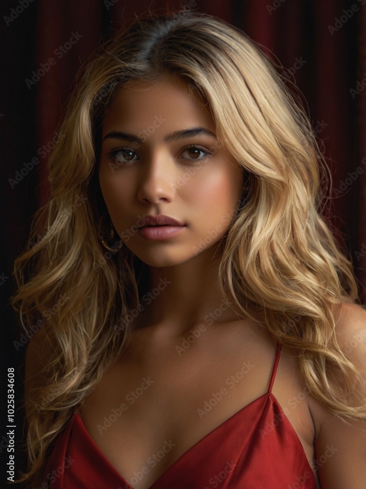 a sexy model in a red dress