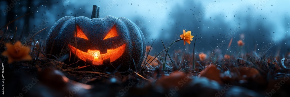 A jack-o-lantern pumpkin rests in the grass, a flower preceding it in the foreground Rain gently falls on the ground around them A jack-o-lantern pumpkin rests in the grass, a flower preceding it in the foreground Rain gently falls on the ground around them