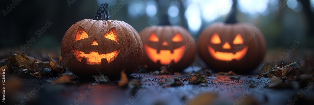 Three jack-o-lanterns, carved and placed in a row on the ground Surrounding them are fallen leaves In the backdrop stand trees Three jack-o-lanterns, carved and placed in a row on the ground Surrounding them are fallen leaves In the backdrop stand trees