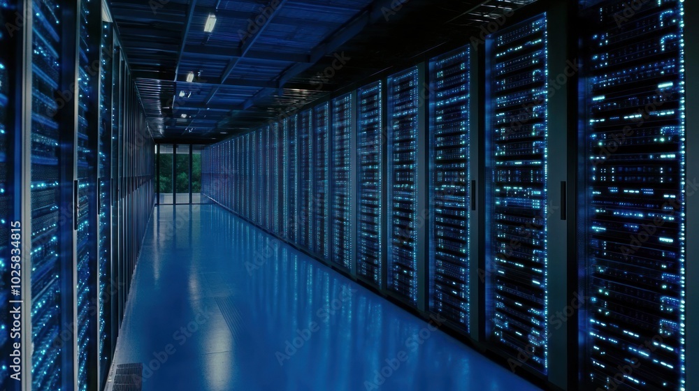 Rows of illuminated server racks in a data center Rows of illuminated server racks in a data center