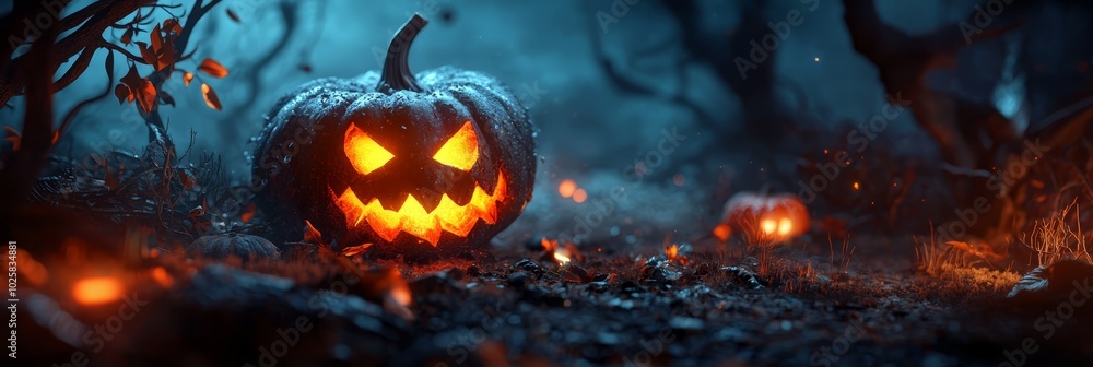 A jack-o-lantern glows in the dark with radiant eyes and mouth A jack-o-lantern glows in the dark with radiant eyes and mouth