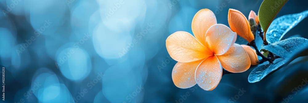 A flower on a tree branch, with water droplets beading its petals and a soft, blurred background A flower on a tree branch, with water droplets beading its petals and a soft, blurred background