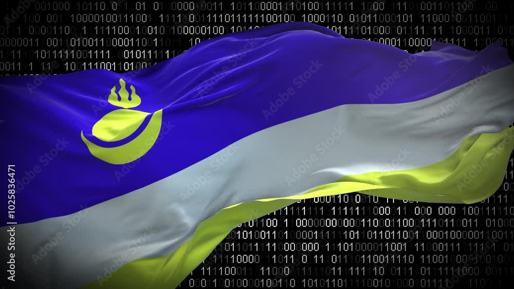 Binary code on flag of Buryatia. Program source code or Hacker concept on Buryatian flag. Buryatia digital technology security, hacking or programming