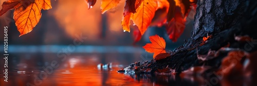  A tight shot of a tree leaf hovering above mirror-like water, reflecting its likeness