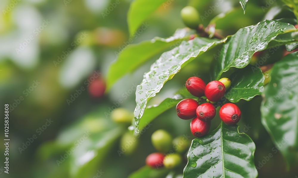 Coffee bean on a coffee tree in Cafe Plantation. Generative AI Coffee bean on a coffee tree in Cafe Plantation. Generative AI