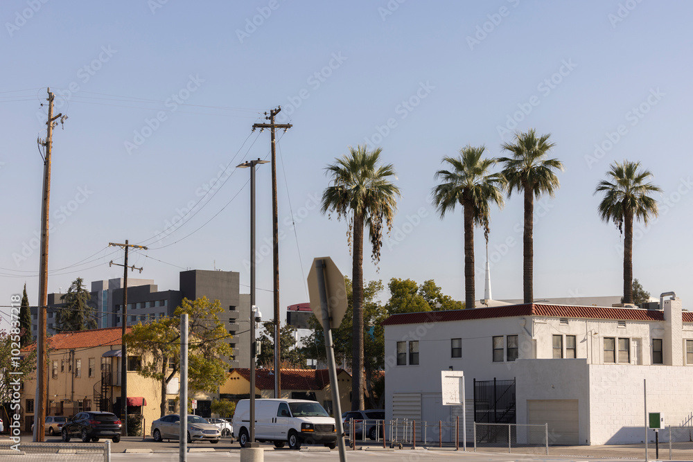 Bakersfield, California, USA - November 24, 2023: Afternoon sun shines on the historic urban core of downtown Bakersfield. Bakersfield, California, USA - November 24, 2023: Afternoon sun shines on the historic urban core of downtown Bakersfield.