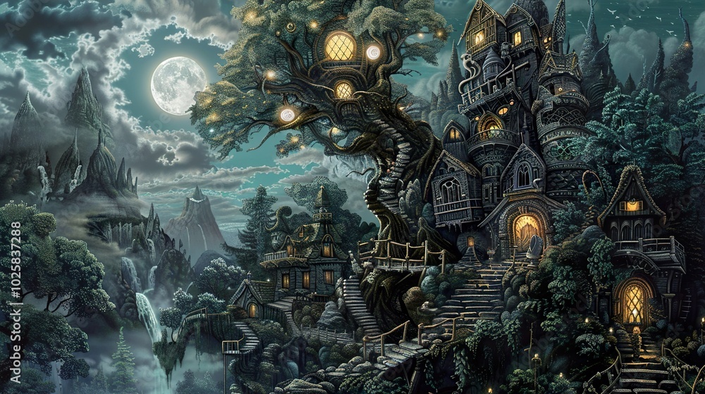 Enchanted Forest Castle Under a Full Moon: A Dreamlike Fantasy Landscape Enchanted Forest Castle Under a Full Moon: A Dreamlike Fantasy Landscape