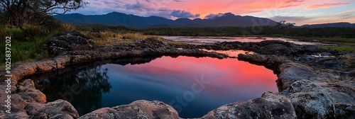  A large body of water surrounded by rocks A lush green field lies beneath a cloudy sky Mountains rise in the background