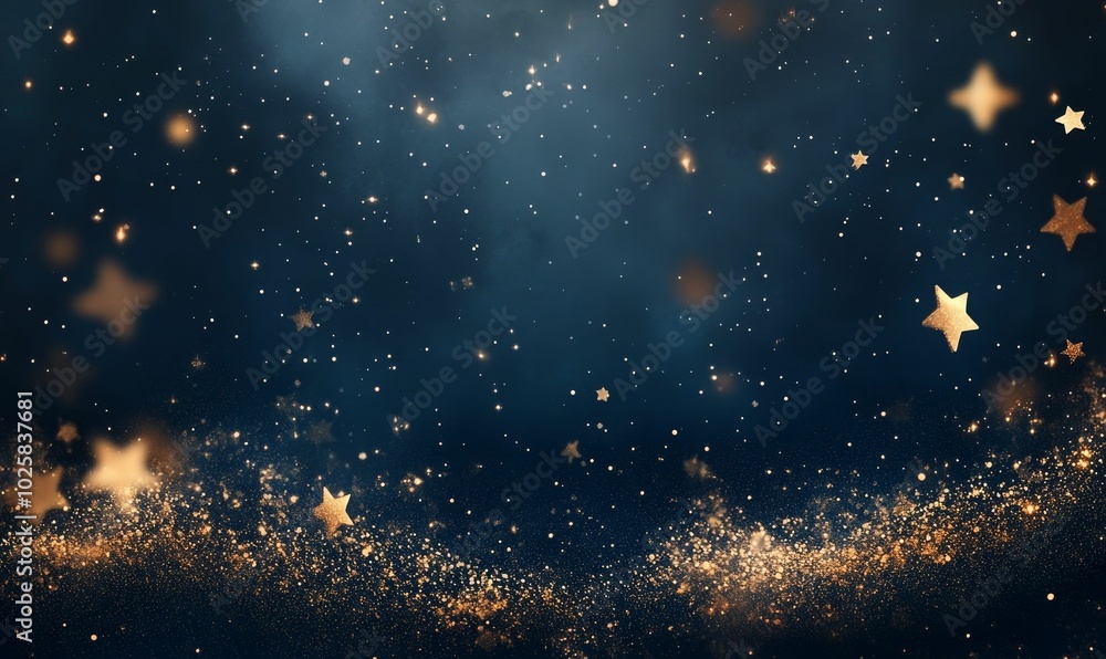 Sparkling gold stars on a dark blue background. Sparkling gold stars on a dark blue background.
