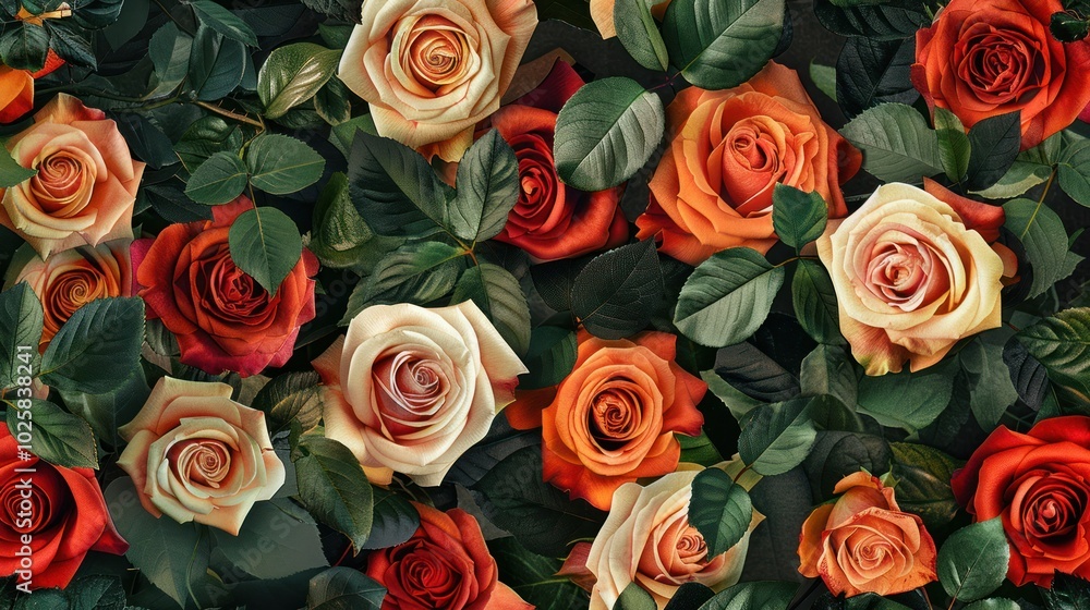 A Close-Up of a Bouquet of Roses and Leaves A Close-Up of a Bouquet of Roses and Leaves